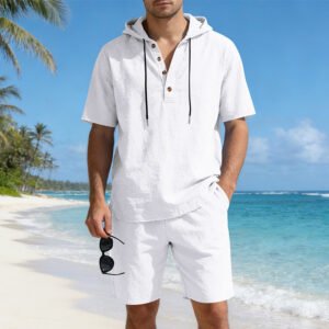 Mens Loose, Breathable Linen Hooded Casual Set