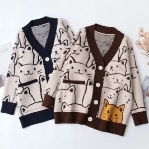 Sweet Outer Wear Knitted Jacquard Full-body Cartoon Cat Single-breasted Cardigan Sweater