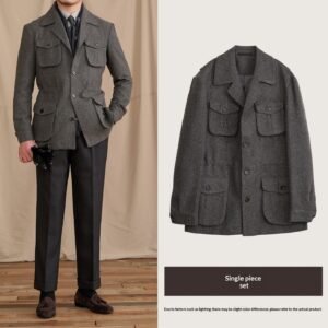 Wool Vintage Coat With Multiple Pockets Workwear Style Military-inspired